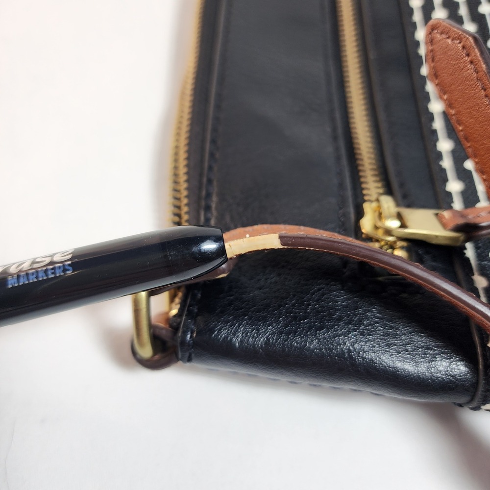 Fossil Fiona Leather Canvas Crossbody Bag Black Brown Zip Top Adjustable Strap - Picture 8 of 14